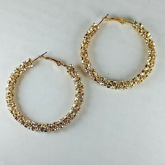 Gold Tone Metal White Colorless Rhinestones Hoop Statement Fashion Earrings - Picture 2 of 16